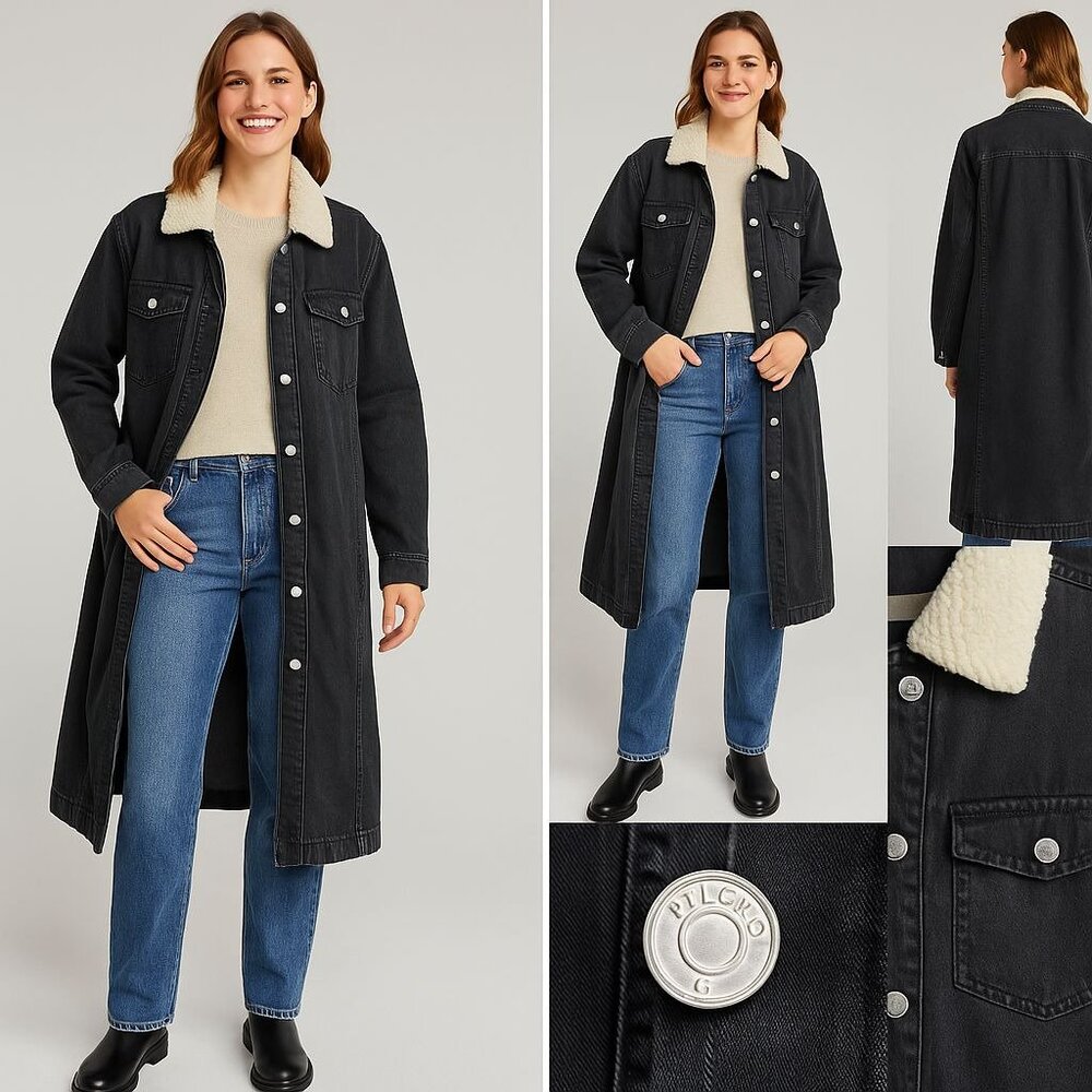 Anthropologie Pilcro Coat Womens XL Longline Sherpa Collar Denim Grunge Jacket